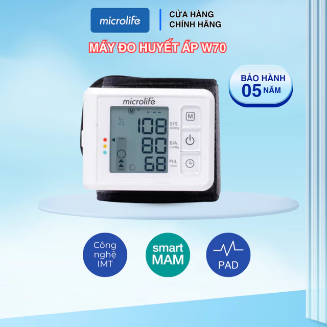 Máy đo huyết áp cổ tay Microlife W70 có khả năng cảm biến vị trí đặt máy đo huyết áp ngang tim