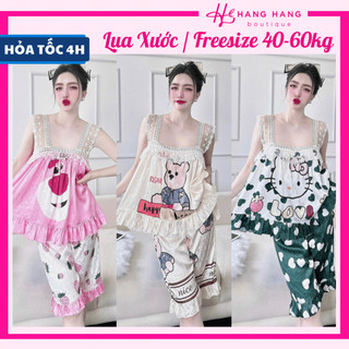 Đồ ngủ nữ 40-60kg, đồ ngủ 2 dây ren quần lửng lụa xước vân chữ mềm mát 60LS02, đồ bộ nữ đồ mặc nhà dễ thương sang chảnh