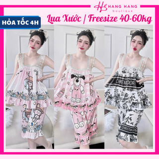 Đồ ngủ nữ 40-60kg, đồ ngủ 2 dây ren quần lửng lụa xước vân chữ mềm mát 60LS02, đồ bộ nữ đồ mặc nhà dễ thương sang chảnh