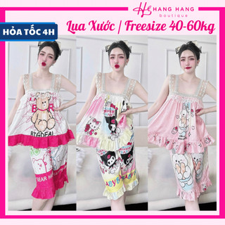 Đồ ngủ nữ 40-60kg, đồ ngủ 2 dây ren quần lửng lụa xước vân chữ mềm mát 60LS02, đồ bộ nữ đồ mặc nhà dễ thương sang chảnh