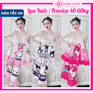 Đồ ngủ nữ 40-60kg, đồ ngủ 2 dây ren quần lửng lụa xước vân chữ mềm mát 60LS02, đồ bộ nữ đồ mặc nhà dễ thương sang chảnh