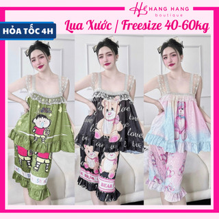 Đồ ngủ nữ 40-60kg, đồ ngủ 2 dây ren quần lửng lụa xước vân chữ mềm mát 60LS02, đồ bộ nữ đồ mặc nhà dễ thương sang chảnh