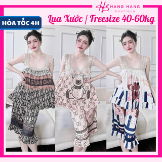 Đồ ngủ nữ 40-60kg, đồ ngủ 2 dây ren quần lửng lụa xước vân chữ mềm mát 60LS02, đồ bộ nữ đồ mặc nhà dễ thương sang chảnh