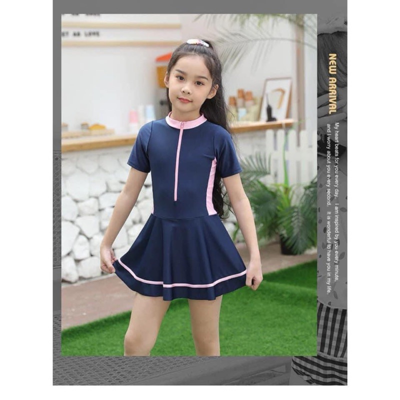 [Size 2 4 6 8] Đồ bơi 1 mảnh kính đáo dành cho bé gái phối dây kéo cực xinh váy có quần trong