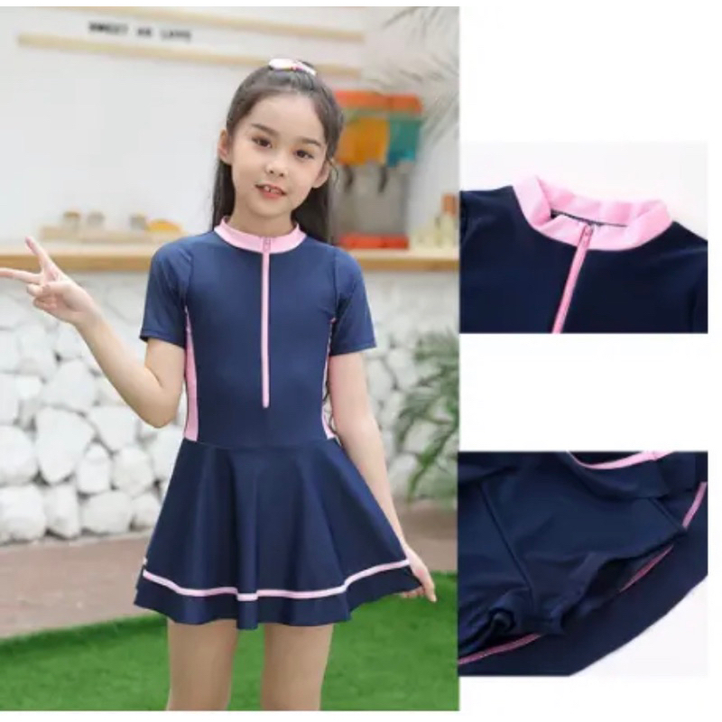 [Size 2 4 6 8] Đồ bơi 1 mảnh kính đáo dành cho bé gái phối dây kéo cực xinh váy có quần trong