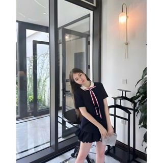 Set Sơ Mi Mix Váy Dáng Bí 2 lớp, Kèm Nơ Kẻ Sọc Tiểu Thư Thư Sinh