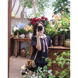 Set Sơ Mi Mix Váy Dáng Bí 2 lớp, Kèm Nơ Kẻ Sọc Tiểu Thư Thư Sinh