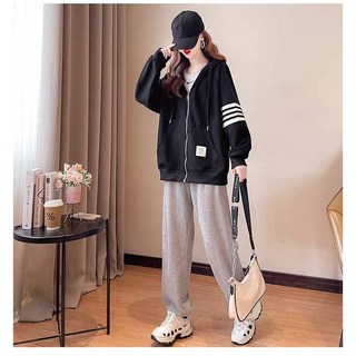 Bộ Nỉ Thể Thao Thời Trang Thiết Kế Năng Động Trẻ Trung Cao Cấp Áo Khóa Kéo Có Nón Phối Viền  C1