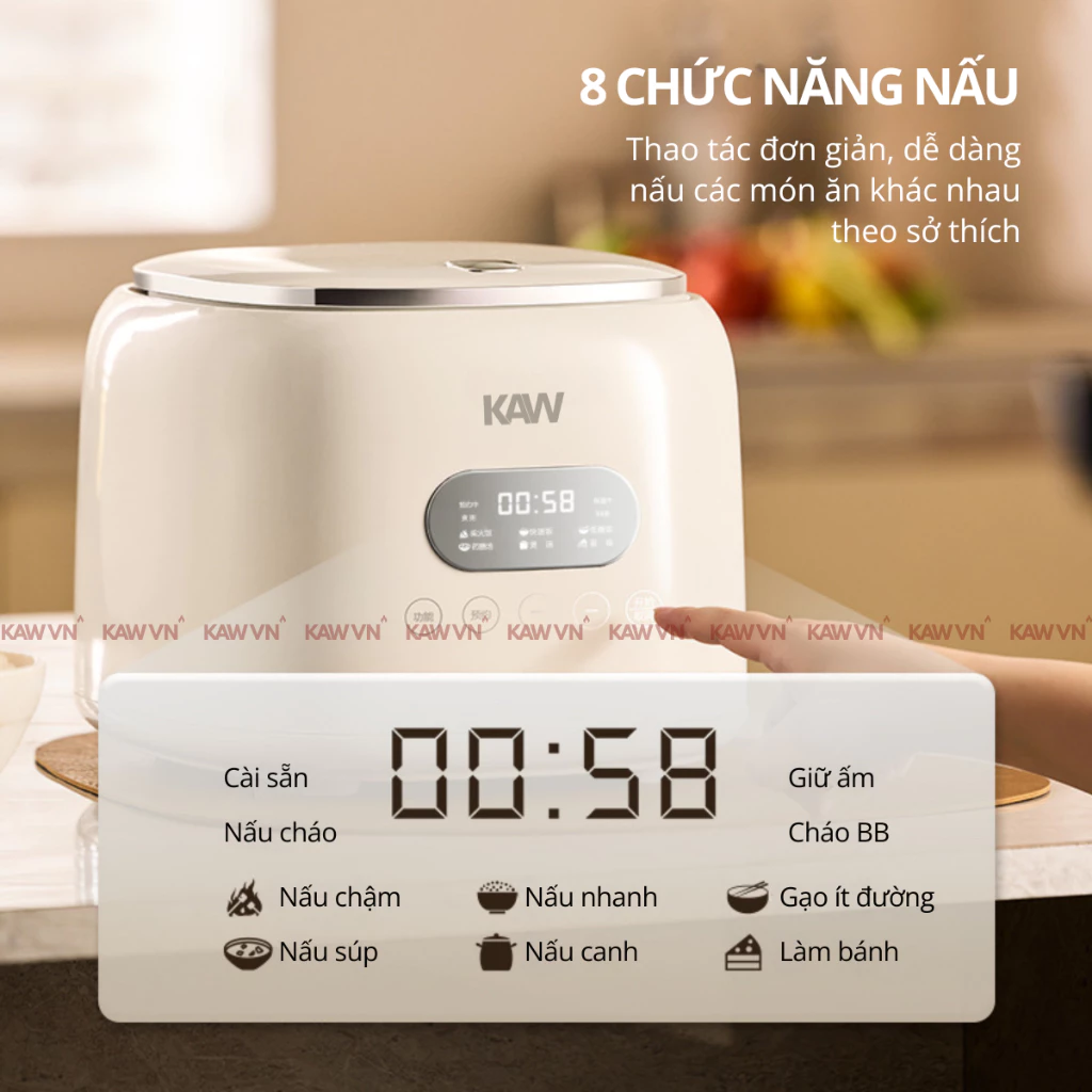 Nồi Cơm Điện Tử Cảm Ứng KAW 1,2L Thông Minh, Công Suất 400W, Ruột Nồi Inox 5 Lớp Chống Dính An Toàn