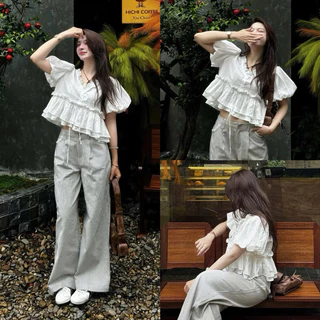 Áo babydoll ren tay phồng layer dáng rộng. cổ V buộc dây Ameehouse