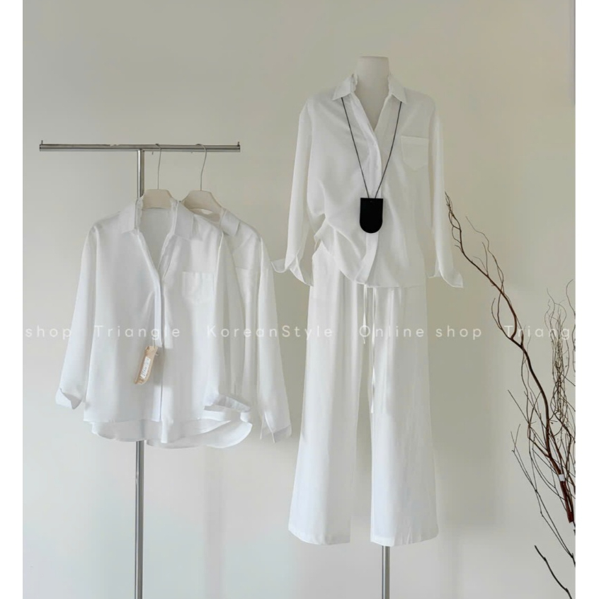 Triangle - Allwhite Trousers (Cân nhắc kỹ, returned is not welcomed) - Quần trắng ống rộng cạp chun chất vải lanh dày dặ