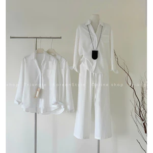Triangle - Allwhite Trousers (Cân nhắc kỹ, returned is not welcomed) - Quần trắng ống rộng cạp chun chất vải lanh dày dặ