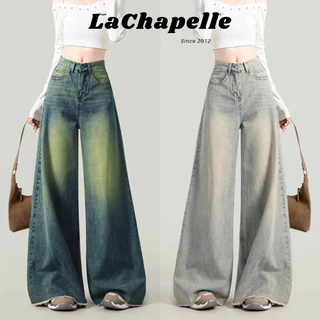 Quần jeans nữ cạp trễ eo ống rộng dáng CALEM.Club, Quần jean ống rộng rách 2 gấu màu WASH RÊU WIDE LEG