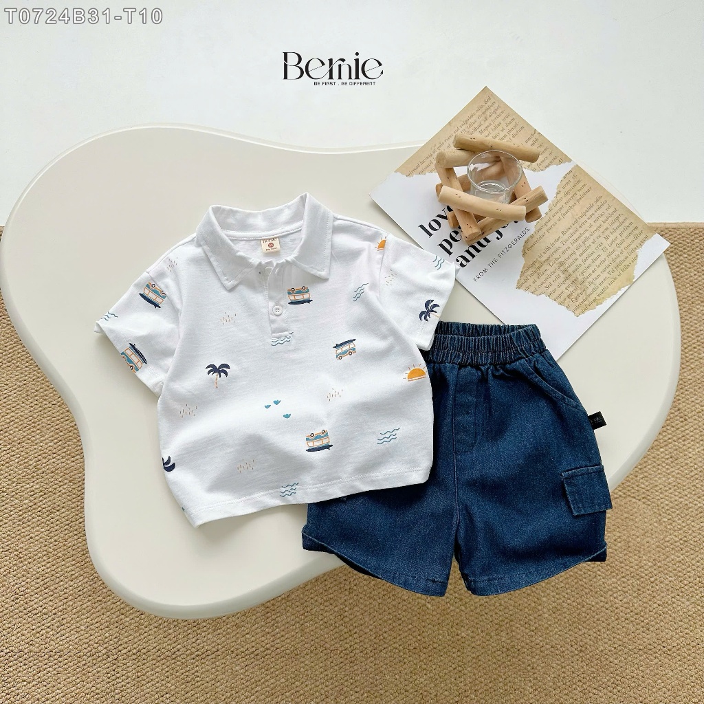 Bộ polo cộc tay hoạ tiết summer bé trai, set bộ thun cộc tay cổ đức in hoạ tiết cho bé