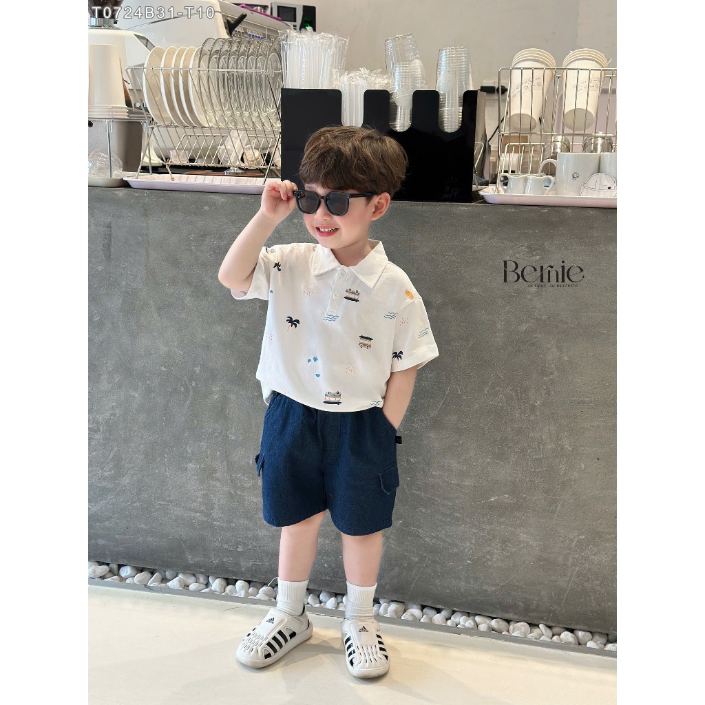 Bộ polo cộc tay hoạ tiết summer bé trai, set bộ thun cộc tay cổ đức in hoạ tiết cho bé