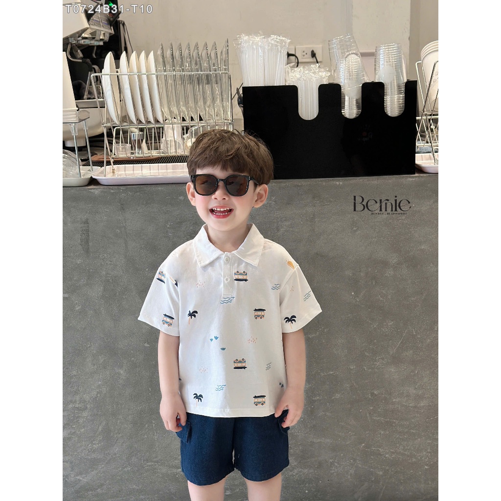 Bộ polo cộc tay hoạ tiết summer bé trai, set bộ thun cộc tay cổ đức in hoạ tiết cho bé