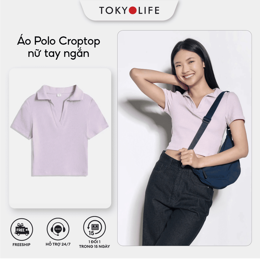 Áo polo croptop TOKYOLIFE vải thun rib co gian 4 chiều 40000423 ...