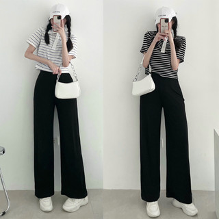 Set bộ áo croptop kẻ phối quần ống rộng style Hàn siêu xinh A2103