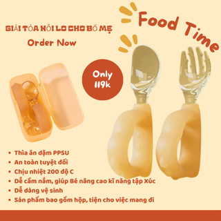 (Kèm hộp)Thìa dĩa vòng  tập xúc cho bé, PPSU cao cấp an toàn,nhẹ,không gây mỏi tay cho Bé mã T21