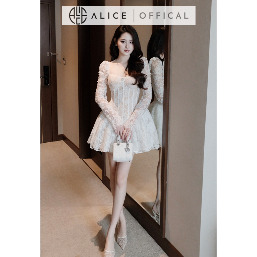 Váy Ren Nữ Cao Cấp Alice, Đầm Ngắn Xòe Tùng 4 Lớp, Dáng Cổ Vuông Tay Dài Bồng Nhẹ Có Đệm Ngực Phù Hợp Đi Tiệc V1334
