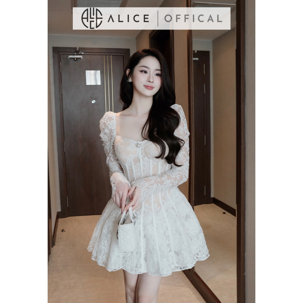 Váy Ren Nữ Cao Cấp Alice, Đầm Ngắn Xòe Tùng 4 Lớp, Dáng Cổ Vuông Tay Dài Bồng Nhẹ Có Đệm Ngực Phù Hợp Đi Tiệc V1334