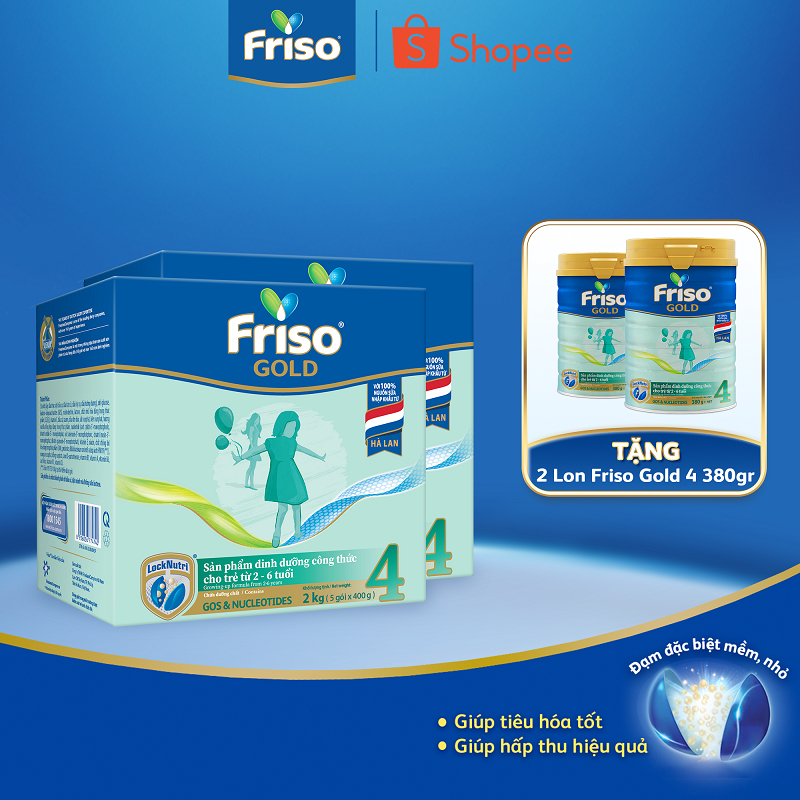 [Tặng 2 Lon Friso Gold 4 380G] Combo 2 Hộp Sữa Bột Friso Gold 4 Hộp Giấy 2KG