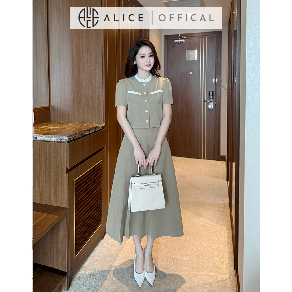Ảnh Set Váy Nữ Công Sở Cao Cấp Alice Chất Chéo Rubi Lót Lụa Áo Ngắn Tay Cổ Tàu Thanh Lịch Phối Chân Váy Xếp Ly Lệch Vạt S844 2