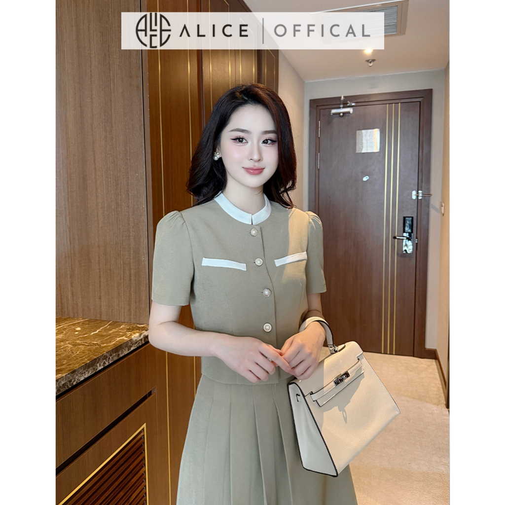 Set Váy Nữ Công Sở Cao Cấp Alice Chất Chéo Rubi Lót Lụa Áo Ngắn Tay Cổ Tàu Thanh Lịch Phối Chân Váy Xếp Ly Lệch Vạt S844