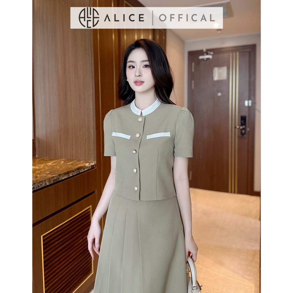 Set Váy Nữ Công Sở Cao Cấp Alice Chất Chéo Rubi Lót Lụa Áo Ngắn Tay Cổ Tàu Thanh Lịch Phối Chân Váy Xếp Ly Lệch Vạt S844