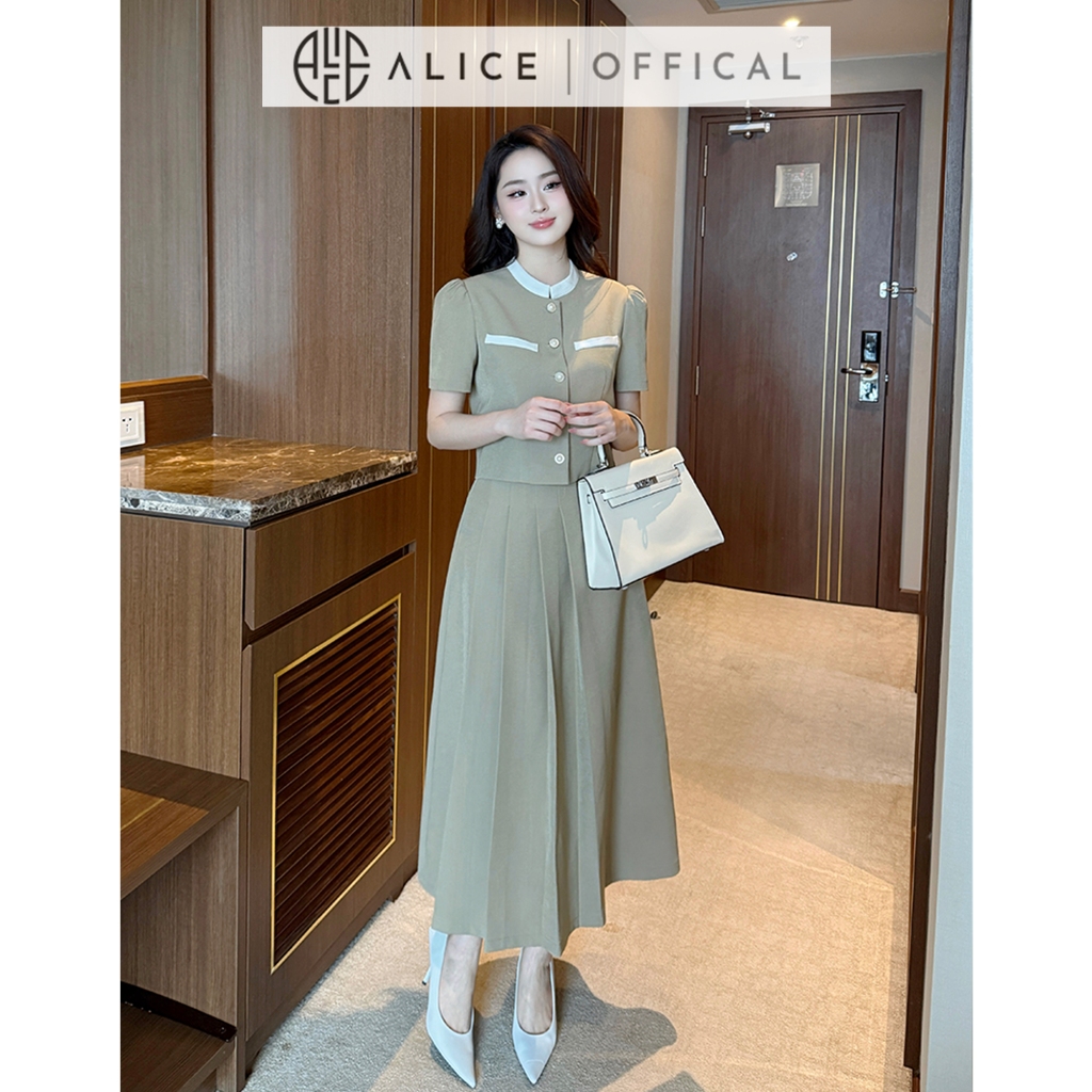 Ảnh Set Váy Nữ Công Sở Cao Cấp Alice Chất Chéo Rubi Lót Lụa Áo Ngắn Tay Cổ Tàu Thanh Lịch Phối Chân Váy Xếp Ly Lệch Vạt S844 3