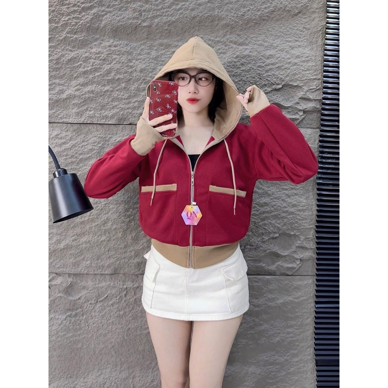 Áo khoác nữ Pici mix gân thiết kế túi vuông , Form Lửng trẻ trung, 6 túi nón to - ÁokhoacQuynhQuynh