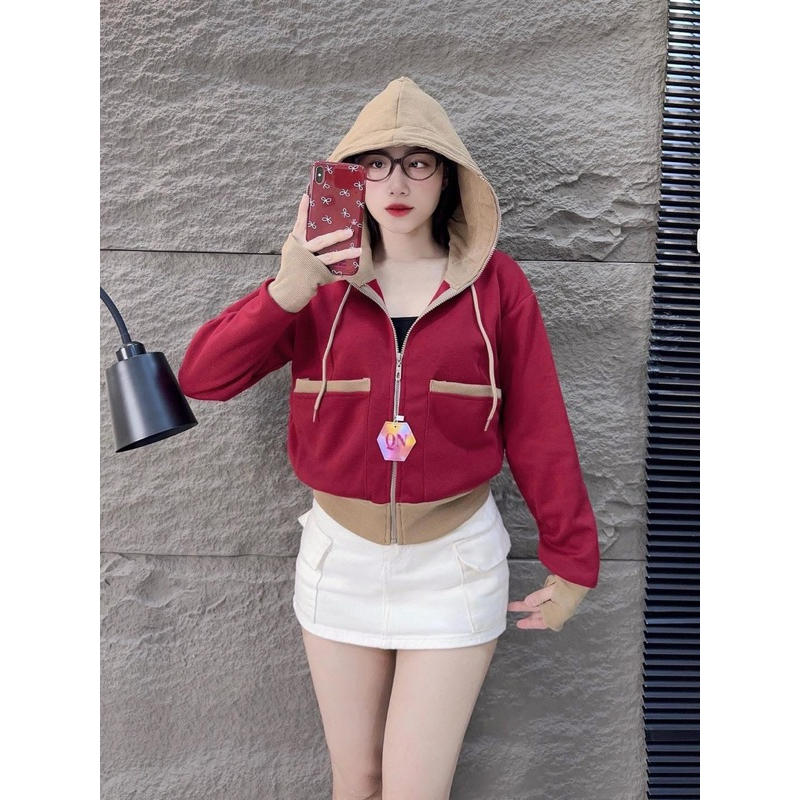 Áo khoác nữ Pici mix gân thiết kế túi vuông , Form Lửng trẻ trung, 6 túi nón to - ÁokhoacQuynhQuynh