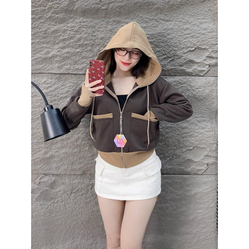 Áo khoác nữ Pici mix gân thiết kế túi vuông , Form Lửng trẻ trung, 6 túi nón to - ÁokhoacQuynhQuynh