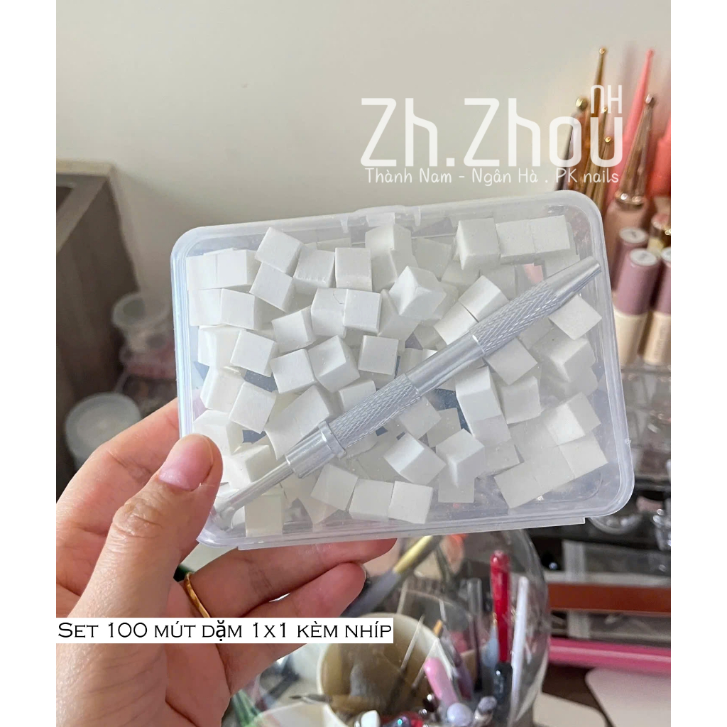 Set bông + cây cố định mút dặm ombre, mút dặm omber, nhíp gắp mút omber