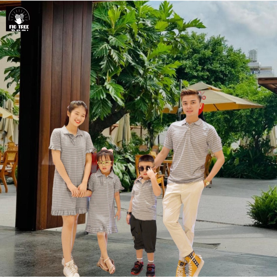 Combo Gia Đình Fig Tree Thun Polo Sọc Xám Ghi Cotton Mát Mẻ Cho Mùa Hè