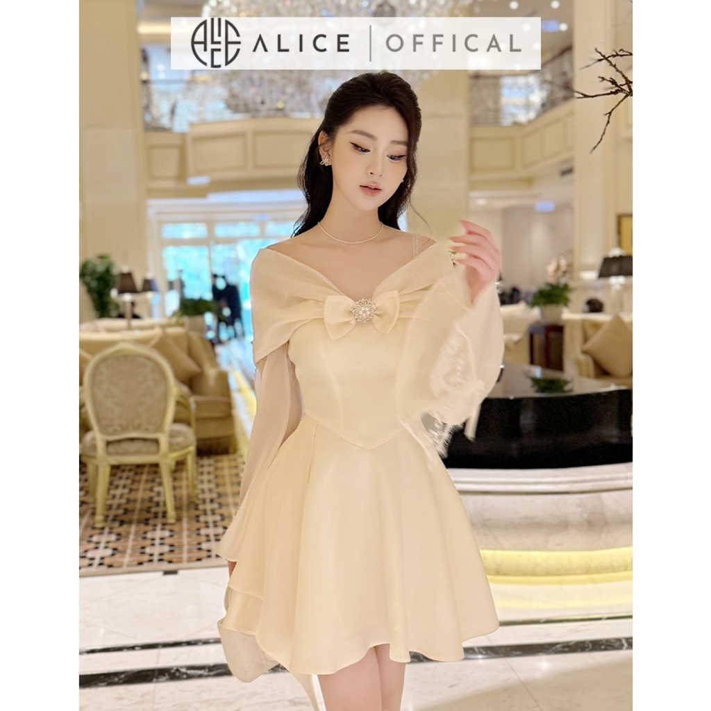 Ảnh Váy Đầm Dự Tiệc Cao Cấp Alice, Đầm Ngắn Dáng Xòe Chất Lụa Hàn Cao Cấp, Váy Trễ Vai, Ống Tay Loe Có Thể Tách Rời V1327 3