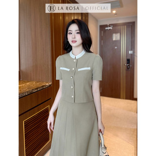 Set Công Sở, Set Đồ Tiểu Thư Basic La Rosa Thiết Kế Áo Cổ Phối Tay Bồng, Chân Váy Xếp Ly Lệch Tôn Dáng S844