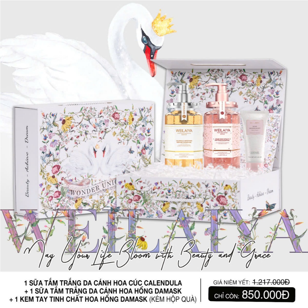 Ảnh Sữa tắm trắng da cánh hoa hồng Damask 450ml và Sữa tắm trắng da, làm sạch da toàn thân Niacinamide WEILAIYA 450ml 1