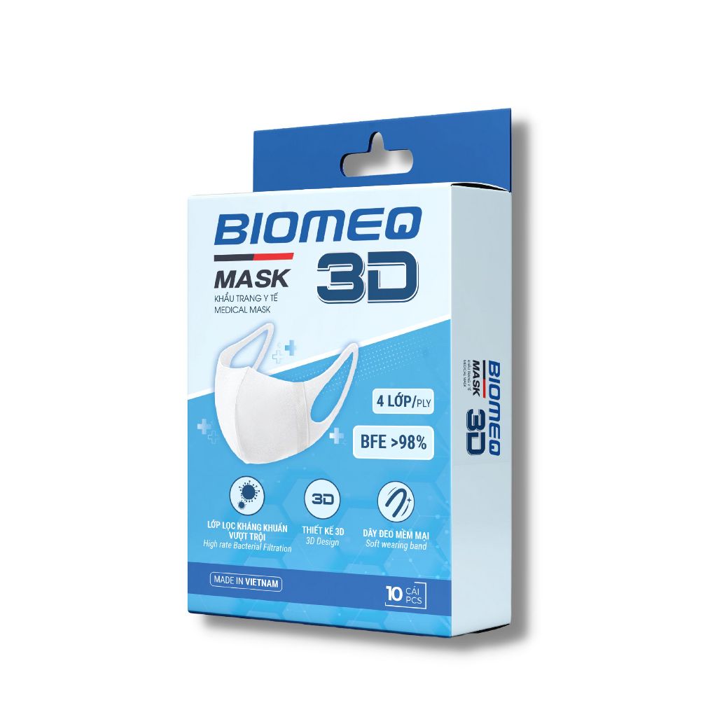 Hộp 10 chiếc khẩu trang 3D BIOMEQ 4 lớp ôm sát mặt, dây đeo mềm mại và an toàn