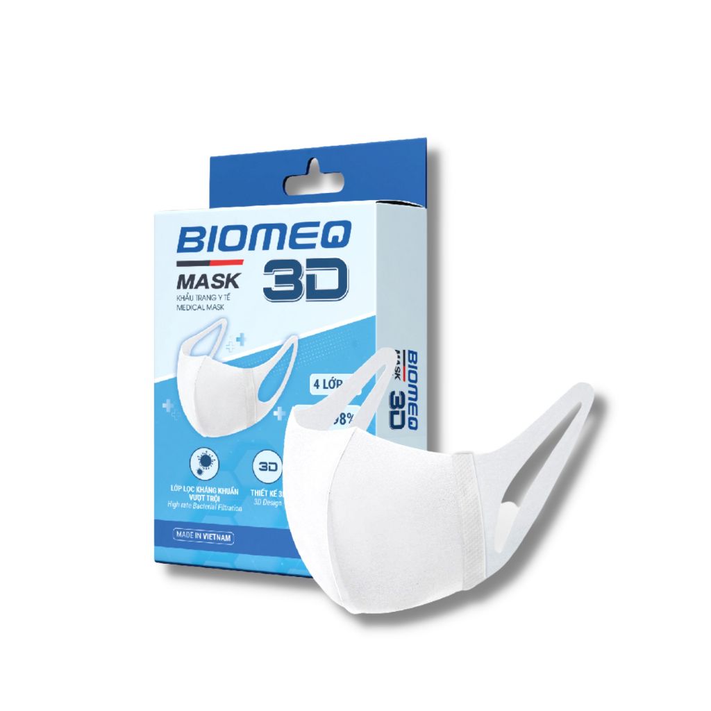 Hộp 10 chiếc khẩu trang 3D BIOMEQ 4 lớp ôm sát mặt, dây đeo mềm mại và an toàn