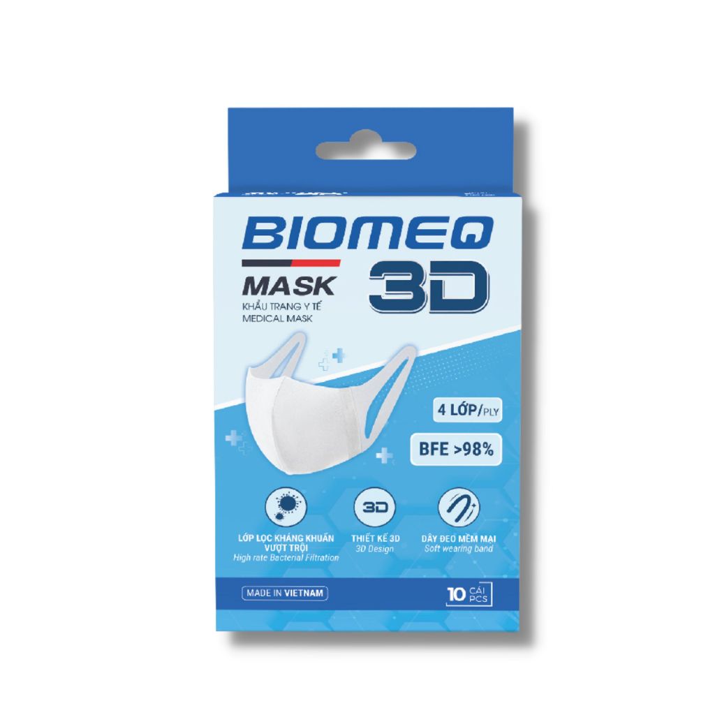 Hộp 10 chiếc khẩu trang 3D BIOMEQ 4 lớp ôm sát mặt, dây đeo mềm mại và an toàn