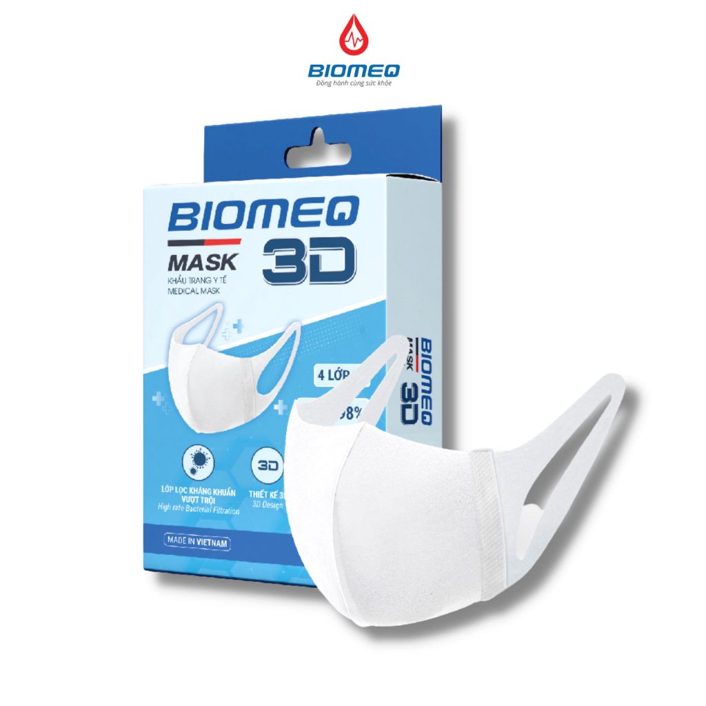 Hộp 10 chiếc khẩu trang 3D BIOMEQ 4 lớp ôm sát mặt, dây đeo mềm mại và an toàn