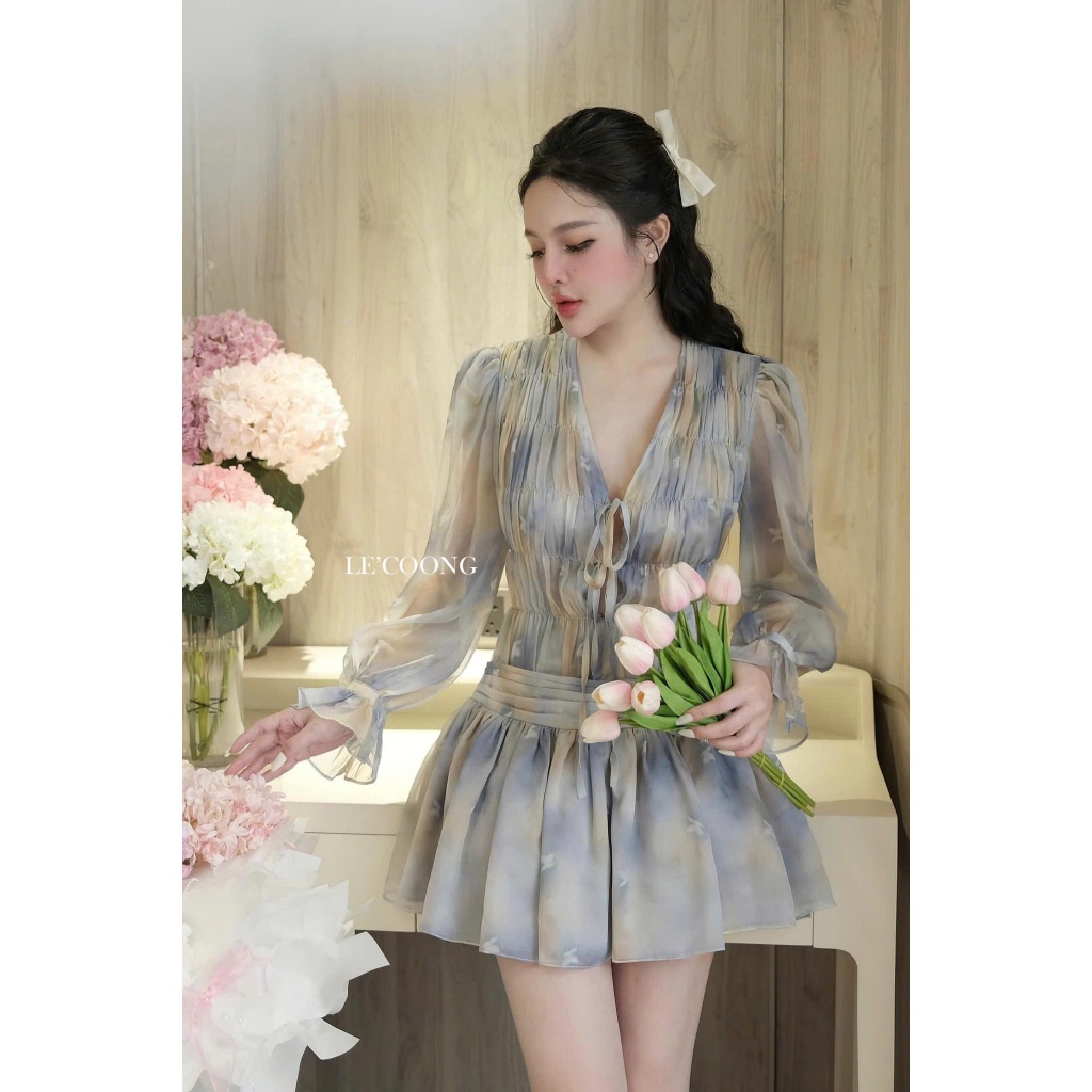 Ảnh Váy Tiểu Thư Voan Tơ Hồng Xanh Dáng Ngắn Tay Bồng  LECOONG V749  Đầm Hoa Đi Biển Đẹp Sang Chảnh 2