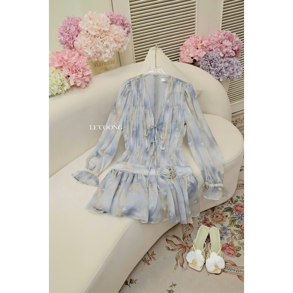 Ảnh Váy Tiểu Thư Voan Tơ Hồng Xanh Dáng Ngắn Tay Bồng  LECOONG V749  Đầm Hoa Đi Biển Đẹp Sang Chảnh 4