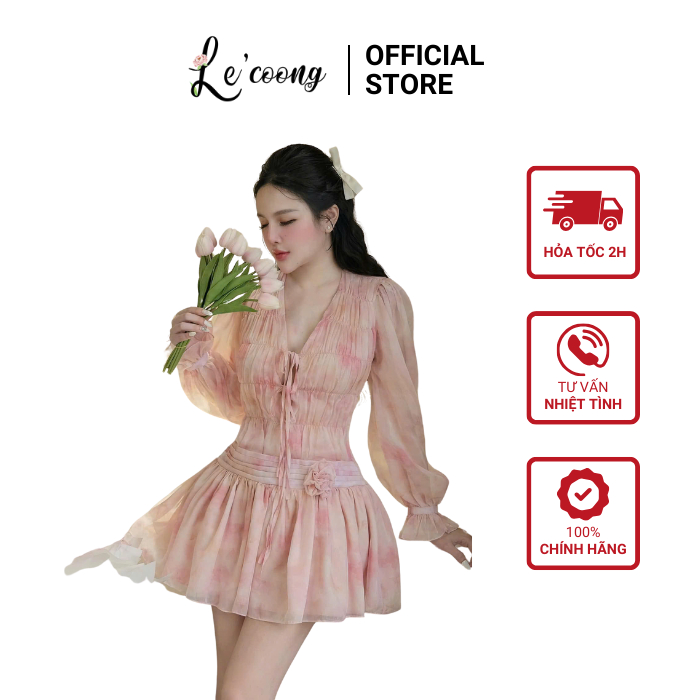 Ảnh Váy Tiểu Thư Voan Tơ Hồng Xanh Dáng Ngắn Tay Bồng  LECOONG V749  Đầm Hoa Đi Biển Đẹp Sang Chảnh 1