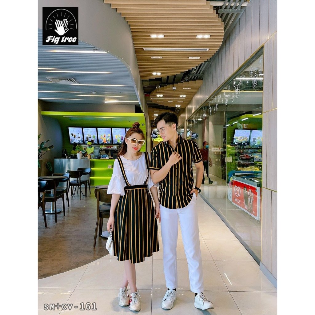 Set Đồ Đôi Fig Tree Áo Sơ Mi Nam, Set Yếm Nữ, Sọc Vàng Đen 161 (hàng thiết kế, Yếm Kèm Áo Thun)
