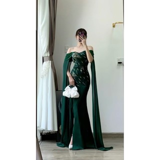Đầm dạ hội thiết kế rớt vai phối lưới choàng cao cấp mm 2025