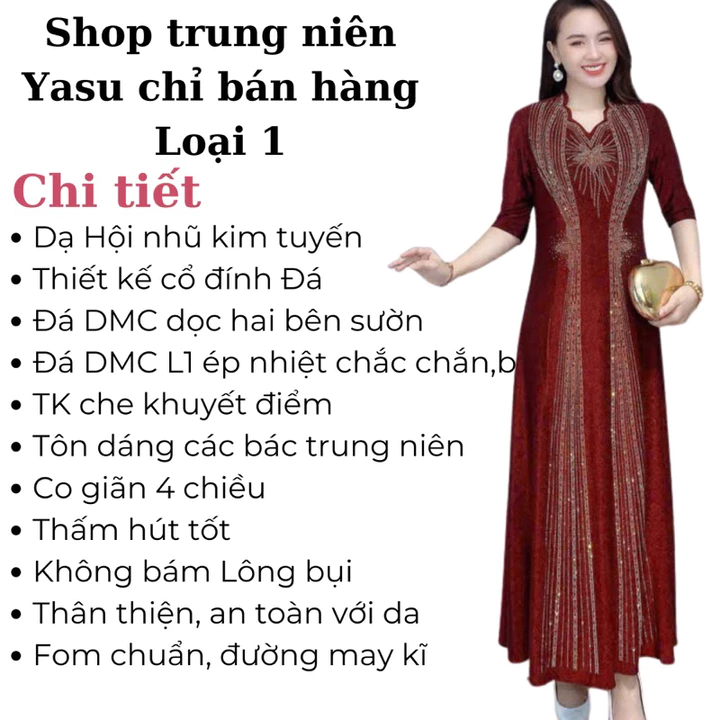Váy Trung Niên Dáng Dài Chất Liệu Thun Nhũ Đính Đá Sự lựa chọn hoàn hảo cho phái đẹp trung niên sang trọng, quý phái