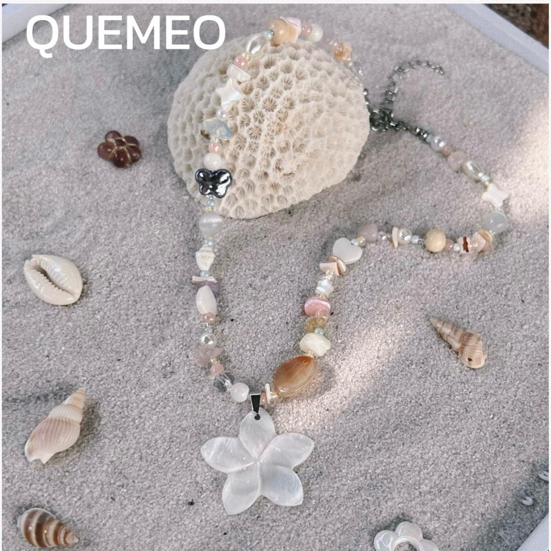 HOẢ TỐC Vòng cổ Sò biển / hoa Sò / hoa Lưu Ly trắng URA QUEMEO Mặt xà cừ dây sáp kem PHIÊN BẢN MỚI