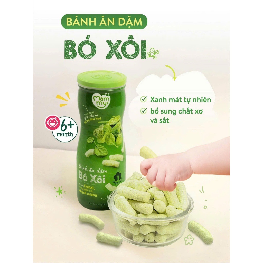 Bánh ăn dặm hũ Mămmy vị trái cây và rau củ giúp hỗ trợ tiêu hoá cho bé 6 tháng tuổi